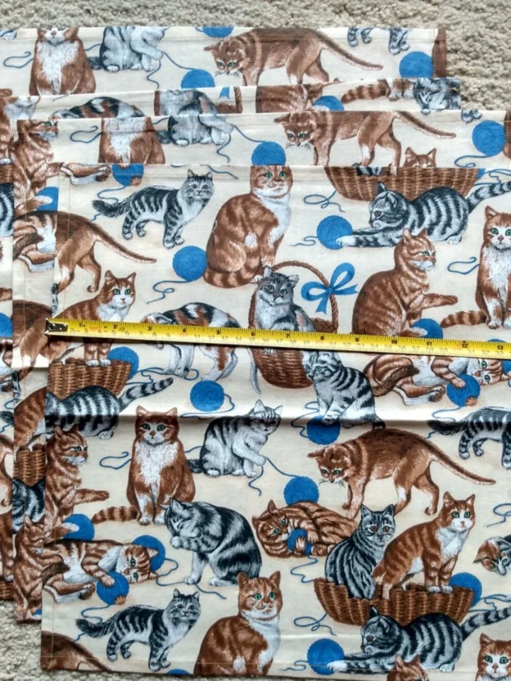 Quilted Kitty Cats Beige Blue Reversible Placemats & Napkins Set of 4 each New